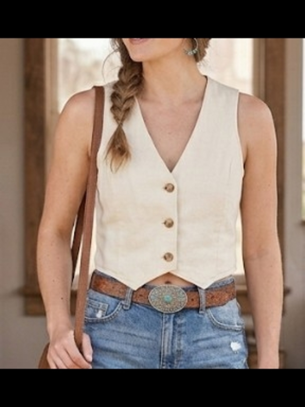Linen Blend Sleeveless V-Neck Button Front Vest Top - Cream (Sz M) Prairie Boho